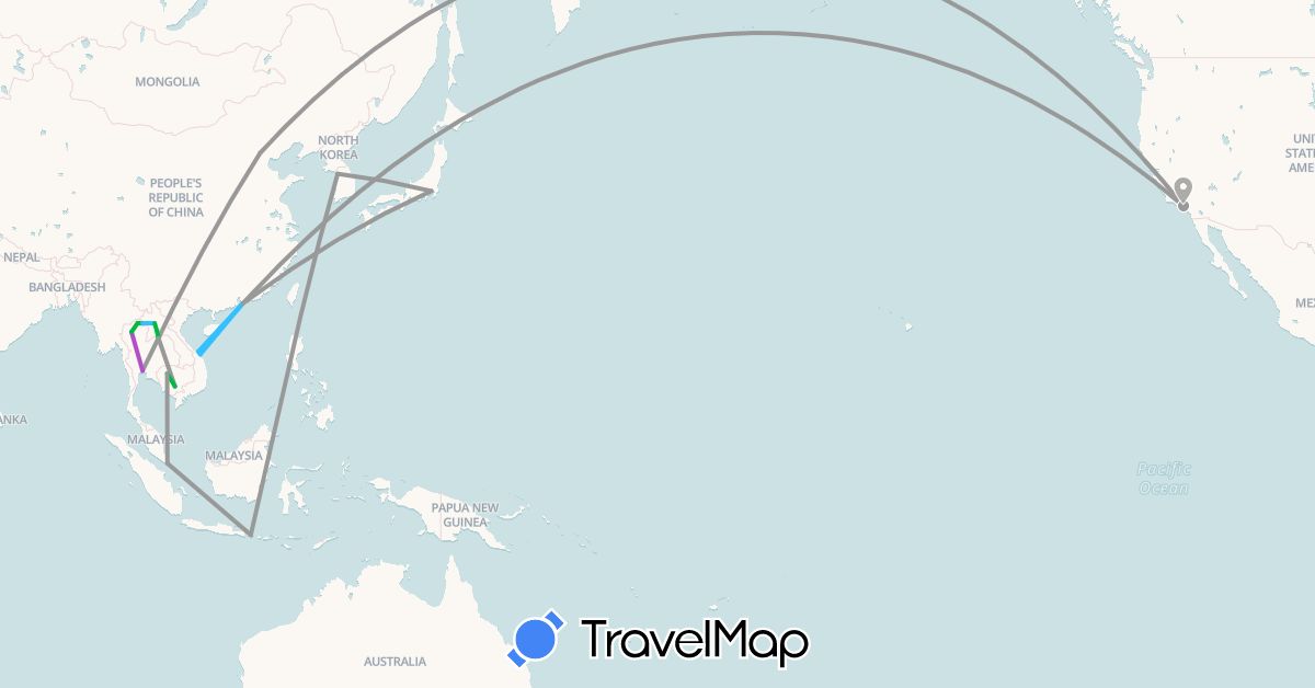 TravelMap itinerary: bus, plane, train, boat in China, Hong Kong, Indonesia, Japan, Cambodia, South Korea, Laos, Singapore, Thailand, United States, Vietnam (Asia, North America)